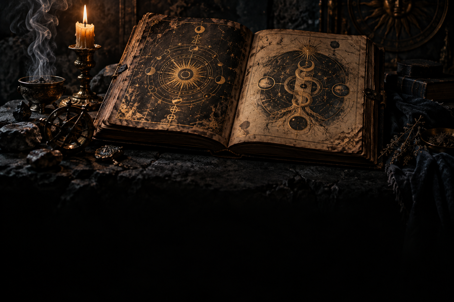 An occult manuscript illuminated by candlelight