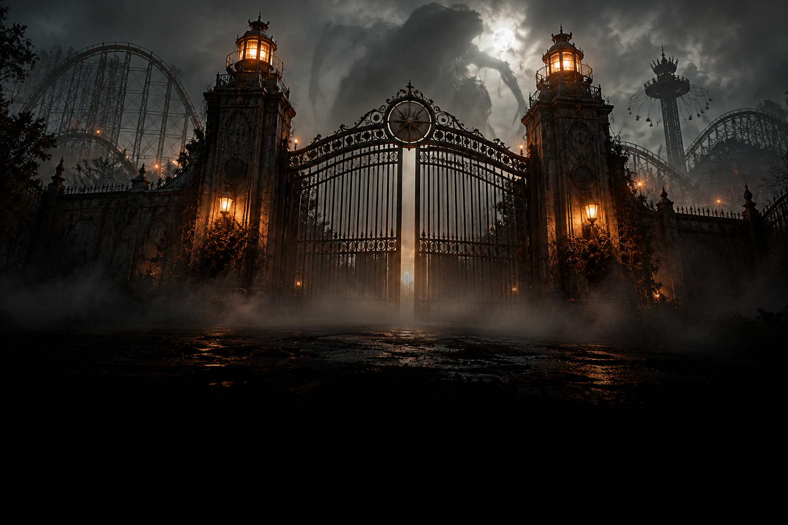 Sinister theme park gates in the fog