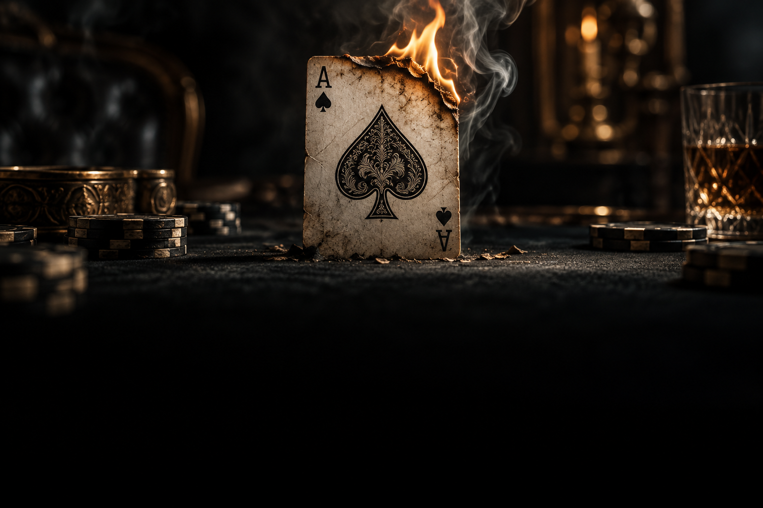 A burning ace of spades on a shadowy poker table